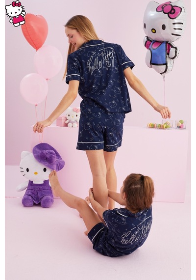 Siyah İnci Lisanslı %100 Pamuk Çok Renkli Düğmeli Biyeli Şort Pijama Takım Hk160 Lacivert