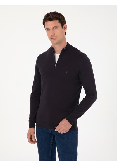 Cacharel Lacivert Slim Fit Pamuk Karışımlı Yarım Fermuarlı Dik Yaka Triko Kazak