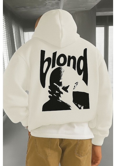 Benroma 3 İplik Penye Blond Baskılı Ünisex Kapüşonlu Sweat Beyaz