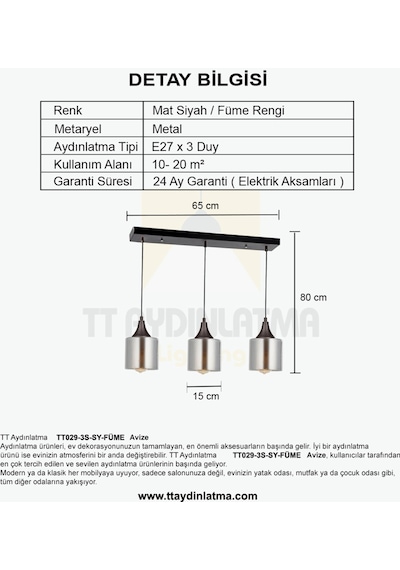 Tt029-3S-Sy-Füme Tt Aydınlatma Mat Siyah - Füme 3 Lü Sıralı Avize