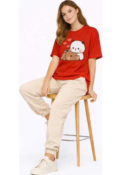 Nevermınd Sevimli Panda Baskılı Sevgili Kombini Çift Tişört Oversize Unisex Çift Kombin 2'li Set Kırmızı Kırmızı Nevermınd Sevimli Panda Baskılı Sevgili Kombini Çift Tişört Oversize Unisex Çift Kombin 2'li Set Kırmızı Kırmızı