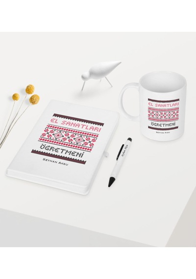 Kişiye Özel El Sanatları Öğretmeni Temalı Beyaz Defter Kalem  Kupa