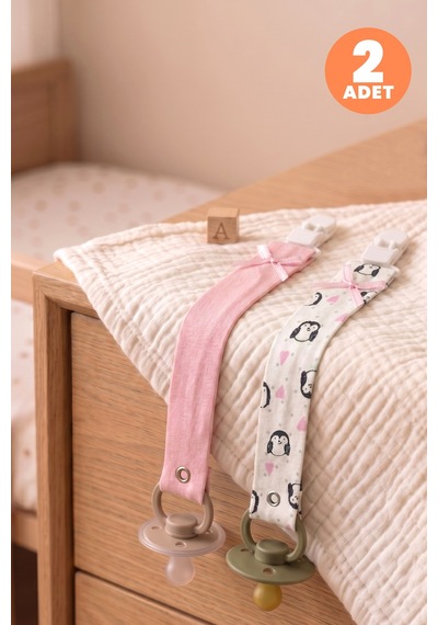 Just Inner Kız Bebek 2'li Pamuklu Emzik Askısı Klipsli Penguen Desenli Fiyonklu Güvenli Ve Şık 684101 Çok Renkli