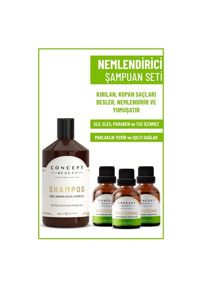 Concept Beauty Nemlendirici Şampuan 240 ML + Moisturizing Nemlendirici Shot 3 x 20 ML