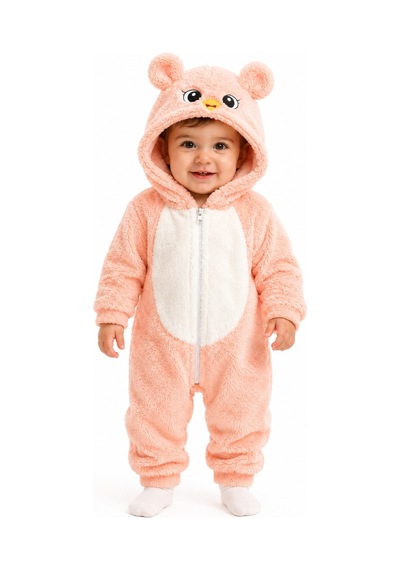 Chicsy Baby Tatlı Kız Bebek Welsoft Tulum Kuş Civciv Nakışlı Kulaklı Kapüşonlu Fermuarlı Peluş Kışlık Bebek Tulumu Somon