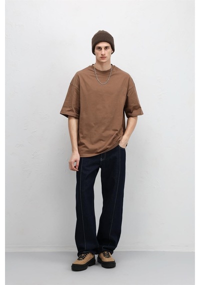 Vamos Basic Oversize Bisiklet Yaka Tişört Kahve