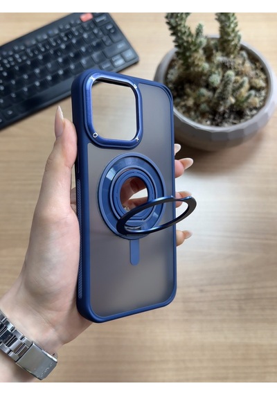 Apple Uyumlu iPhone 15 Pro Max Standlı Ve Yüzüklü Magsafe Kılıf Soocase721 Lacivert