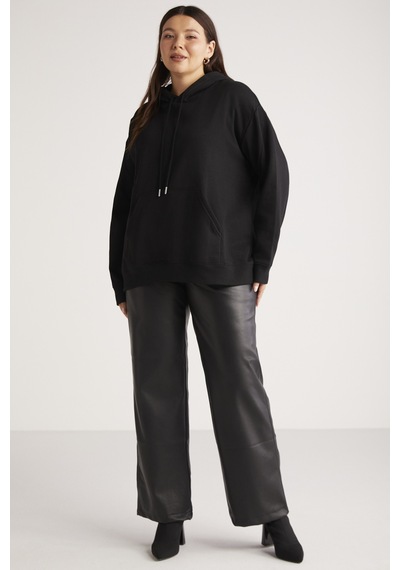 ETHIQUET TEREZABB Kadın Içi Polarlı Yumuşacık Comfort Fit Kapüşonlu Kanguru Cep Siyah Büyük Beden Sweatshirt