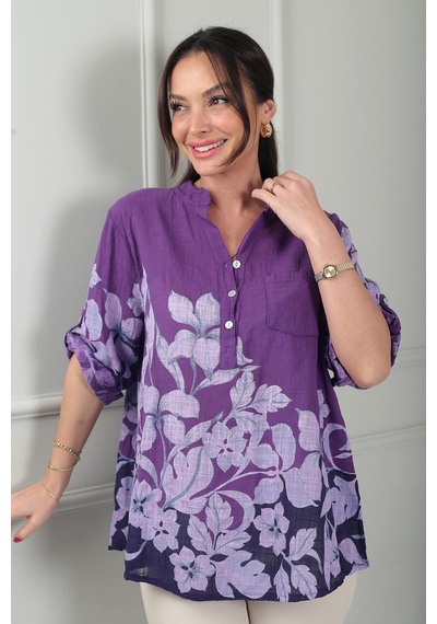 By Saygı Kadın Üç Düğme Detaylı Çiçek Desenli Tek Cepli İtalyan Cotton Oversize Bluz Mor