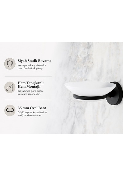 Alper Banyo Sabunluk Siyah, Duvar Tipi, Metal, Yapışkanlı Ve Vidalı Montaj, 35 Mm Oval Bantlı Banyo Aksesuarı Çok Renkli