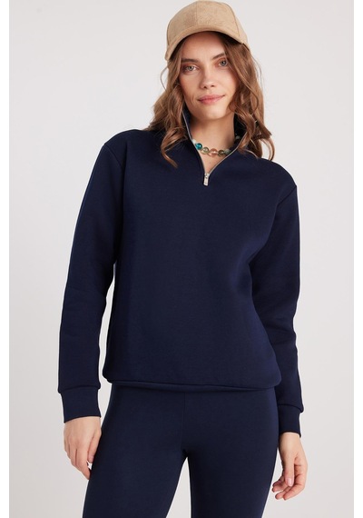 Tudors Kadın Relax Fit Rahat Kesim Pamuklu İçi Polarlı Yarım Fermuarlı Lacivert Dik Yaka Sweatshirt-37891 Lacivert