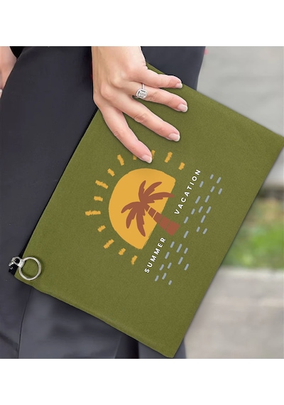 Bk Gift Yaz Temalı-6 Astarlı Yeşil Portföy Çanta 30x21cm, Baskılı El Çantası, Organizer Çanta