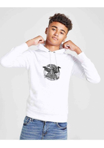 Tshirthane Viking Mitolojisi Odin Raven Baskılı Unisex Çocuk Kapüşonlu Beya Beyaz