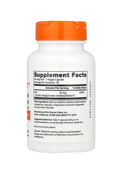 Doctor's Best High Absorption Zinc Bisglycinate 50 Mg 90 Veggie Caps