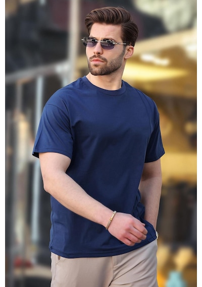 Madmext Lacivert Overfit Erkek T-shirt E7130 Lacivert