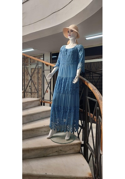 Eren Style İtalyan Sunshine İpek Detaylı Dantelli Elbise-9033 İndigo Mavisi