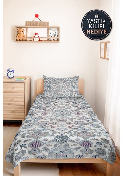 Mavi Etnik Otantik Tek Kişilik Pike Takımı - Bohem Şal Motifli Gri 160x220 Cm Kapitone Yatak Örtüsü Mahmur Sis Kokusu