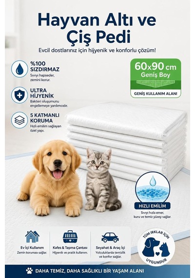 Kedi Köpek Pedi Hijyenik Tuvalet Eğitimi Pedi, 60x90 Cm, 5 Adet