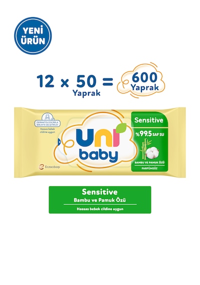 Uni Baby Sensitive Bambu & Pamuk Özlü Islak Bebek Mendil 12x50 600 Yaprak 12'li Set