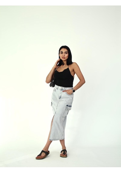 Zeo Basic Kargo Cep Detaylı Yırtmaçlı Maxi Denim Etek Mavi