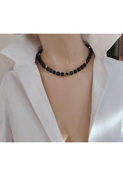 Luna Yonca Detaylı Lav Taşı Choker Doğal Taş Kolye Siyah