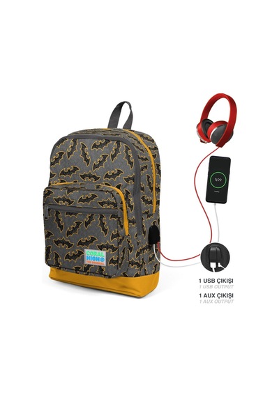 Coral High Okul Çantası Ve Termal Beslenme Çanta Seti - Erkek Çocuk Gri Hardal Yarasa Usb Ve Aux Çıkışlı