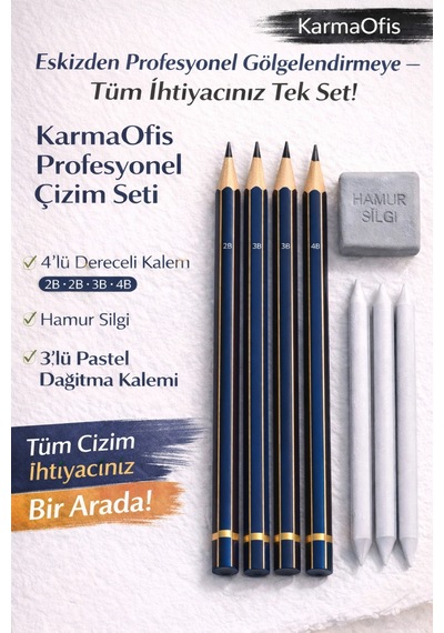 Profesyonel Çizim Seti 4 Lü Dereceli Kalem 2b-2b-3b-4b + Hamur Silgi+3 Lü Pastel Dağıtma Kalemi