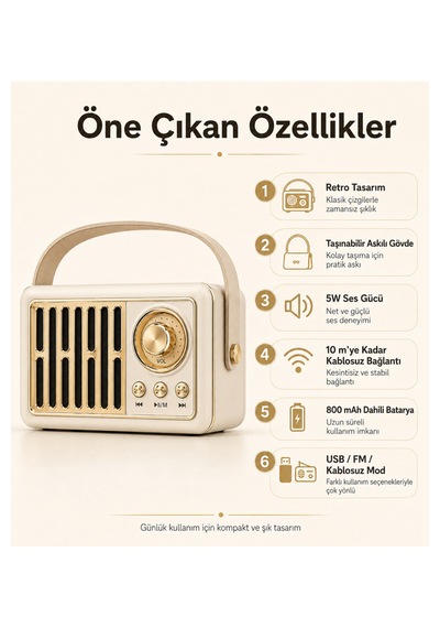 Retro Kablosuz Hoparlör Fm Radyo Usb Destekli Taşınabilir Askılı Şarjlı Bluetooth Speaker 5w