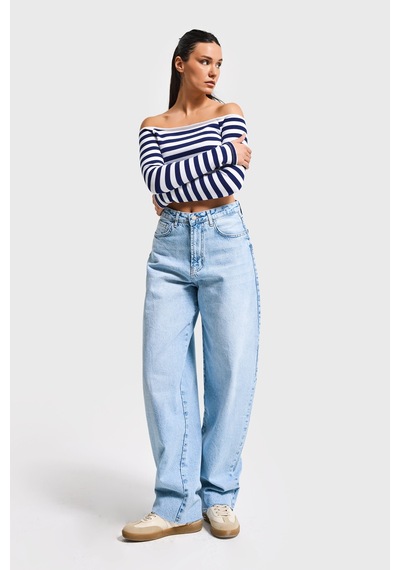 Itsbasic Kadın Ice Renk 4s6-27 Regular Fit Yüksek Bel %100 Koton Rahat Kesim Denim Jean Buz Mavi