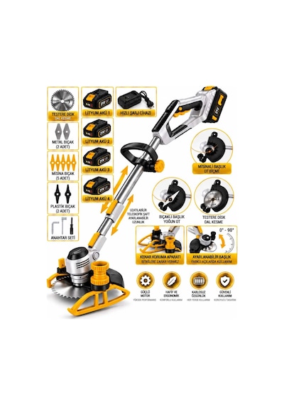 Dragro Drg-21v Kkömürsüz Motor S 2x Bataryalı Ot Çim Çalı Kenar Biçme Tırpan Makinesi 4 Akülü