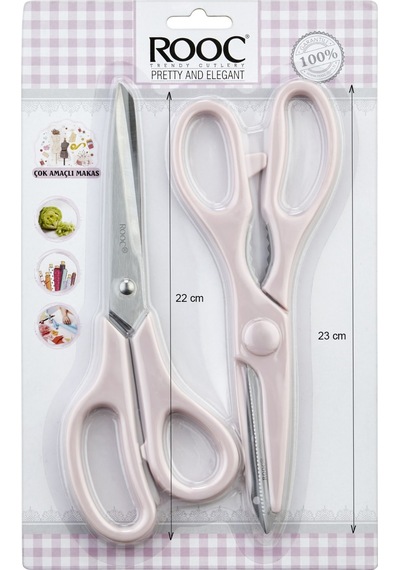 Makri Home Tırtıklı Ağız 2'li Çok Amaçlı Makas Seti Büyük Boy Pembe, 23 Cm