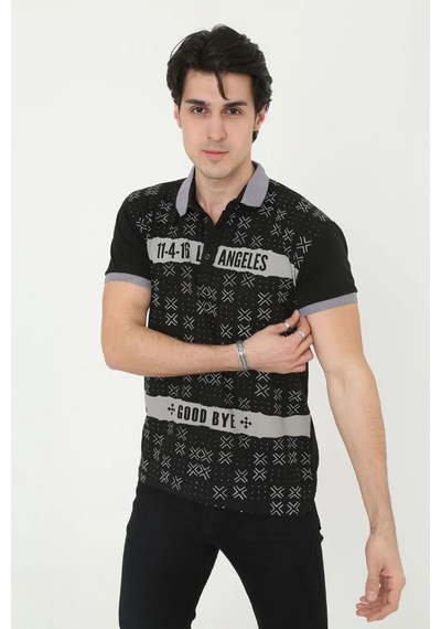 Erkek Polo Yaka Tişört Slim Fit Baskılı Kısa Kol T-shirt - Siyah
