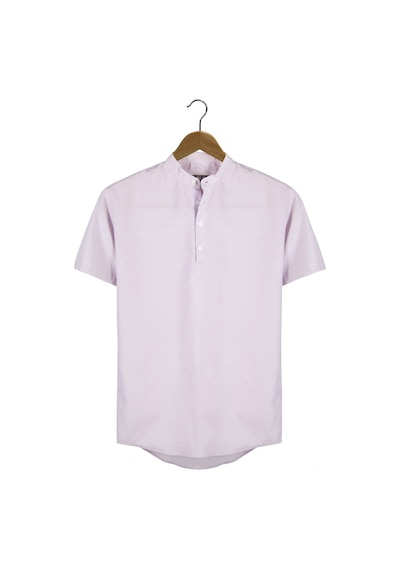 Erkek Lila Hakim Yaka Yarım Patlı Dik Çizgili Kısa Kollu Slim Fit Gömlek Lila