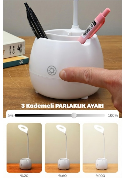 Şarjlı Masa Lambası Işık Ayarlanabilir Kalemlik Telefon Stand Ders Çalışma Okuma Işığı 0620 Beyaz Beyaz