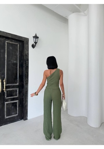 Trend Alisse Tek Omuz Gofre Kumaş Bluz Pantolon Takım Yeşil