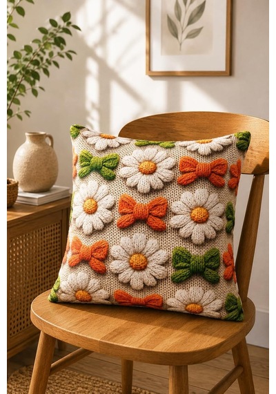 4'lü Set Çiçekli Dekoratif Kırlent Kılıfı 43x43 Cm, 3d Efektli Dijital Baskılı - Renkli Kır Bahçesi Çok Renkli