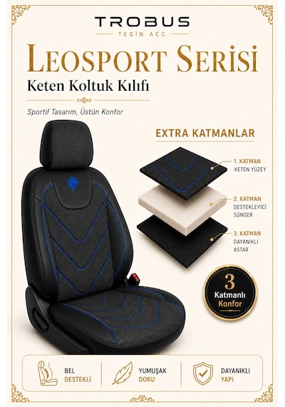 Renault Fluence 2010 Sonrası Uyumlu Leosport Serisi Siyah Mavi Ortopedik Keten Koltuk Kılıfı