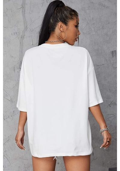 Unisex Kalp Baskılı Tasarım Tshirt Beyaz