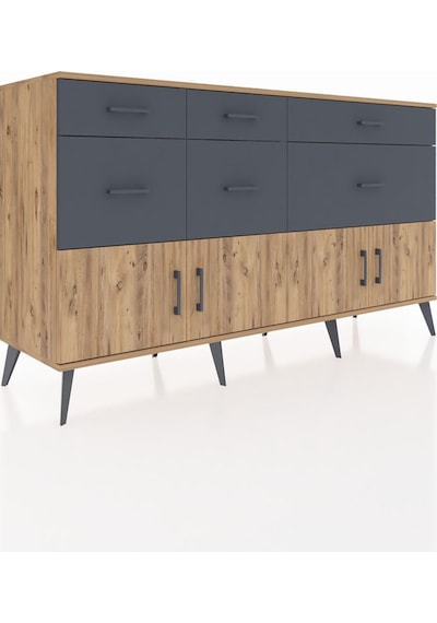 Kronos Konsol Tek Raflı 6 Çekmeceli 4 Kapaklı 176x59x99 Çam-çam/a Çam-çam/antrasit