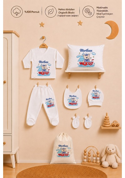 Pia Baby Erkek Bebek İsimli Hastane Çıkışı 8 Parça Zıbın Seti %100 Pamuk Battaniye Yastık Kılıfı Keseli 1087zybk3x Ekru