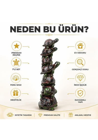 Lüks 7'li Kaplumbağa Biblo 32 Cm Feng Shui Şans Bereket Dekoratif Heykel Ev Ofis Hediyesi