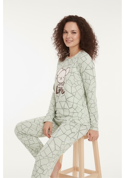 Luxury Thermal Love Desenli Kadın Polar Kışlık Pijama Takımı 42013 Turkuaz