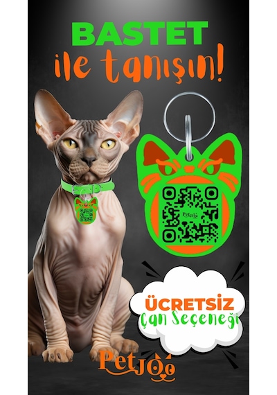 Petjoo 1.Bastet Turuncu-Yeşil Qr'lı Kedi Künyesi