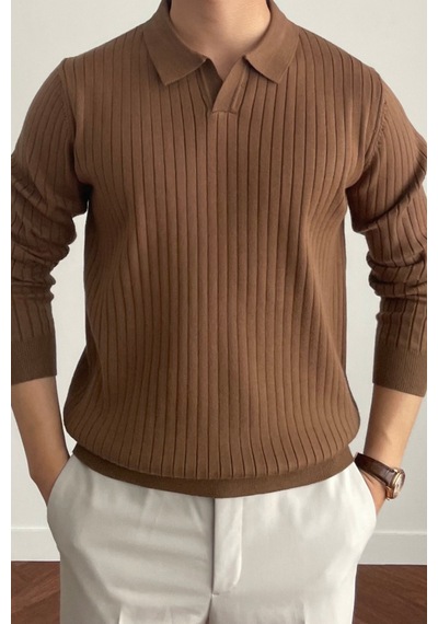 Erkek Kahverengi Slim Fit Uzun Kollu Polo Yaka Triko Kazak Kahverengi