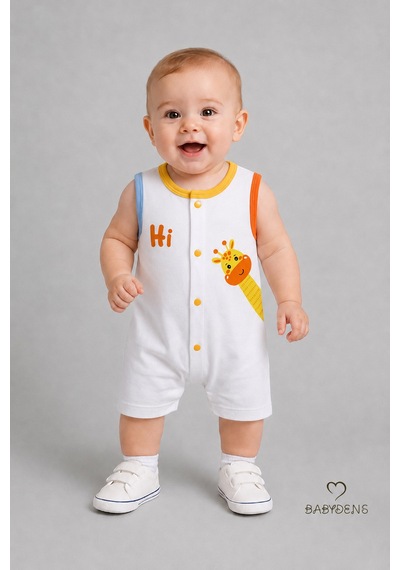 Babyden's Erkek Bebek Tulum Yazlık Pamuklu Şortlu Çıtçıtlı Zürafa Baskılı Bebek Tulumu Yenidoğan Bebek Giyim 0-9 Ay Beyaz