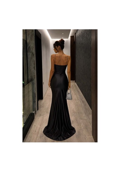 Lior Design Kadın Tasarım Saten Kumaş Kalp Yaka Askılı Abiye Elbise Siyah