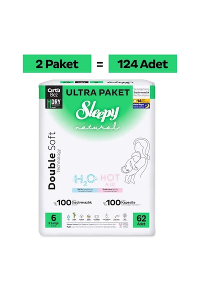Sleepy Natural Double Soft Ultra Fırsat Paketi Bebek Bezi 6 Numara Xlarge 124 Adet