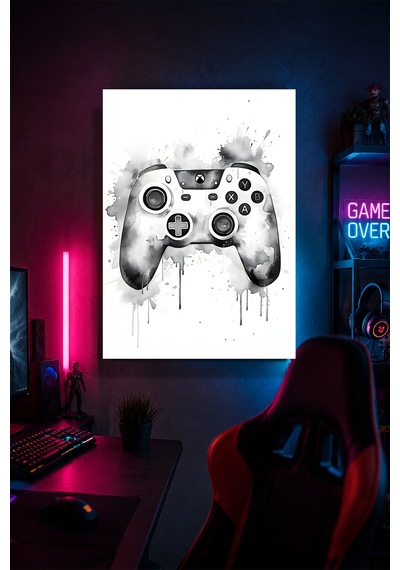 Minimal Oyun Kumandası Metal Duvar Tablosu Gamer Oda Dekoru Siyah Beyaz 30x40 Cm A3 Boyutunda