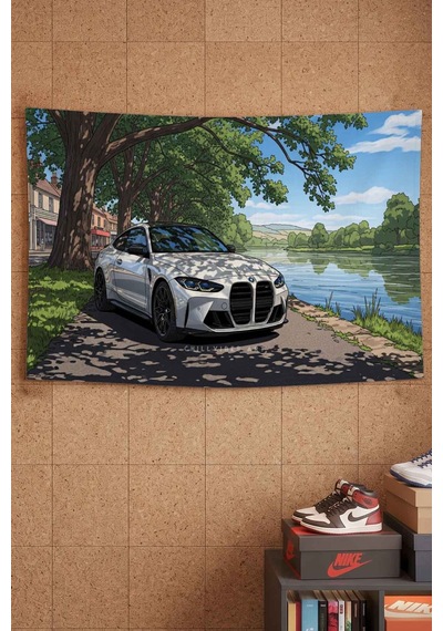 Bmw M4 Beyaz Spor Araba Göl Manzaralı Dekoratif Duvar Örtüsü Duvar Halısı