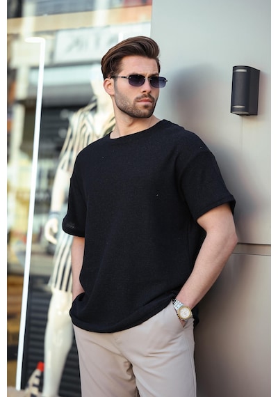 Madmext Siyah Bisiklet Yaka Oversize Erkek T-shirt E7134 Siyah